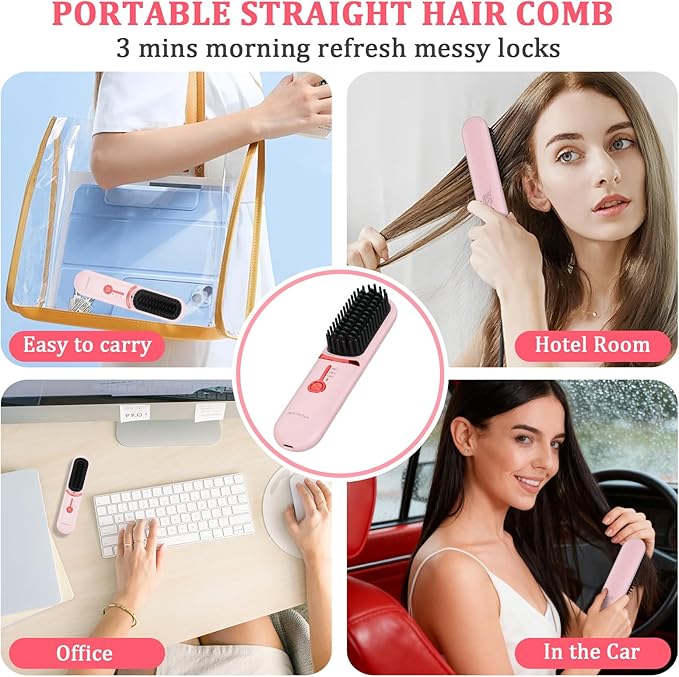 Cordless Hair Straightener Brush - Portable Hair Brush for Travel - 30s Fast Heating - Portable Straightening Brush for Travel Mini Hot Straightening Comb for Women