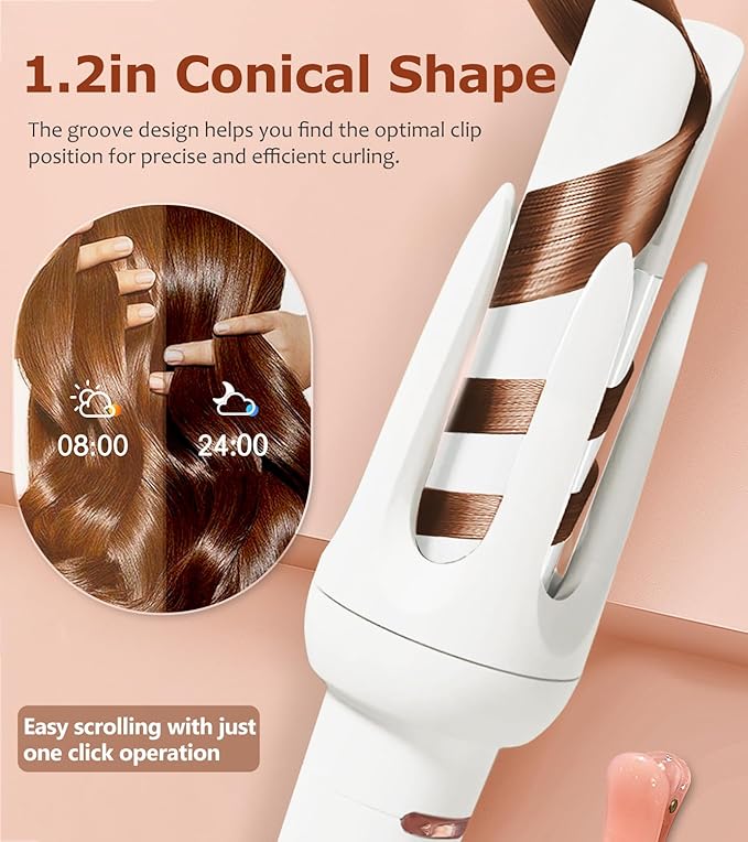 Auto Hair Curler Automatic Curling Iron with 4 Temperature &amp 3 Timer Automatic Shut-Off Anti-Scald Anti-Tangle Rotating Curling Wand for Hair Styling White