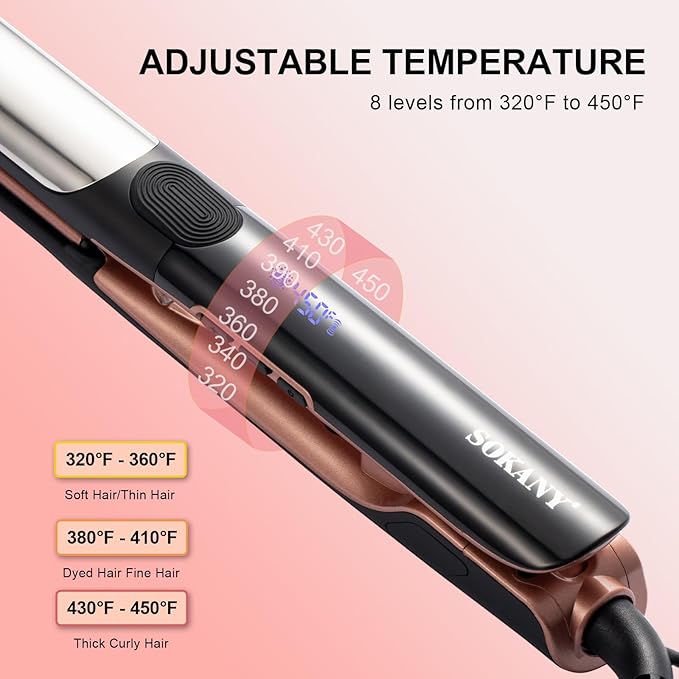 SOKANY Flat Iron Hair Straightener Titanium Curler 2 in 1 Dual Voltage Smart 3D Ceramic Floating Plates Ionic Straightener 8 Temps Settings Fast Heating &amp Heat Protection