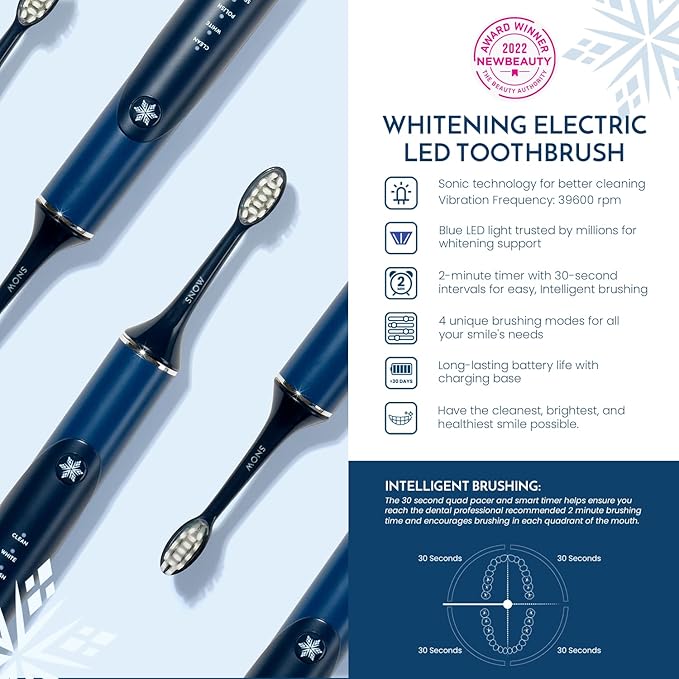 SNOW Electric Toothbrush with Sonic Technology - LED Whitening - 2 LED Brush Heads &amp 4 Brushing Modes - Rechargeable Automatic Toothbrush for Adults with Built-in Timer - Gen 1 Polar Blue