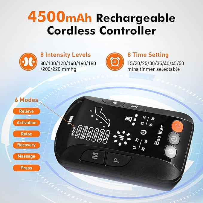 Leg Compression MassagerSequential Pressure Boots with HeatCordless Air Compression Recovery System for Athletes - Circulation and Edema RLS Swelling Pain Relief