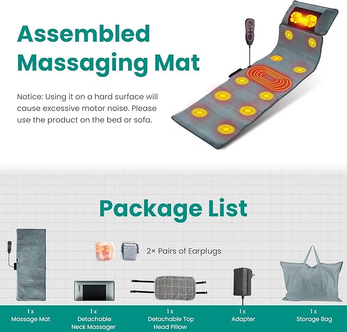 Full Body Massage Mat with Heat Multifunctional Massage PadNeck Back Massager Full Body Relaxation Seat Chair Pad with 10 Vibration Motors Timer for Indoor Bed Sofa Chair Anti-Slip Bottom