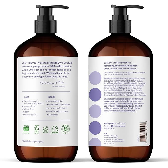 Everyone 3-in-1 Soap Body Wash Bubble Bath Shampoo 32 Ounce (Pack of 2) Lavender and Aloe made with Essential Oils for Men and Women