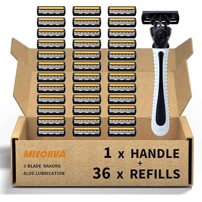 3-Blade RazorPlastic Anti-slip Men Manual Refill Cartridges razors Reusable Face Cleansing Care Tool Shave Supplies for Men and Women -1 handle and 36 Cartridges refill - Black