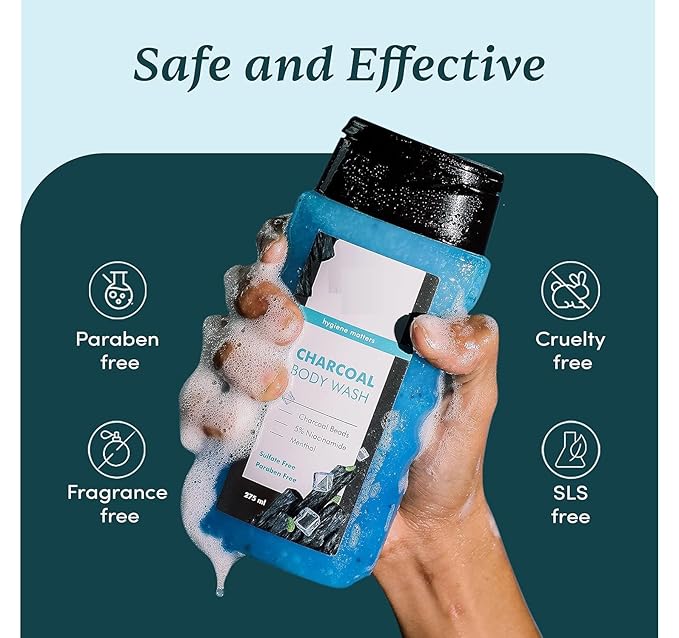 HK Charcoal &amp Menthol Body Wash | With Menthol 5% Niacinamide &amp Activated Charcoal Beads | For Instant Cooling Odor Protection &amp Improves Skin texture | 250ml