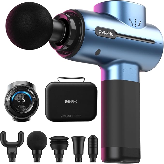 RENPHO Active Massage Gun Deep Tissue Percussion Massager for Back and Neck Portable Handheld Massager with 5 Speeds 5 Attachments Carry Case Blue