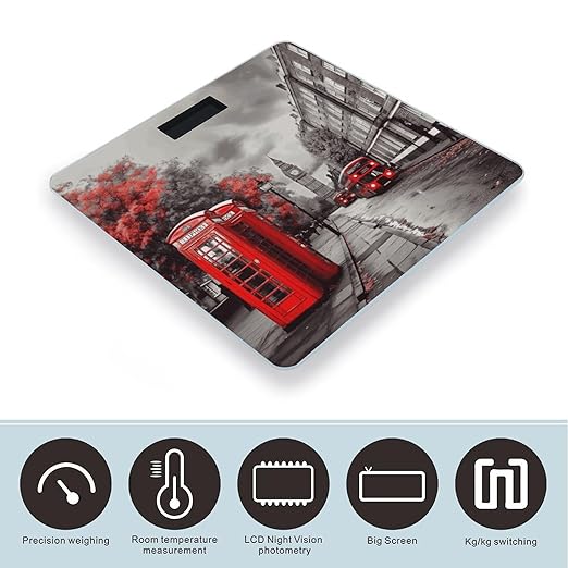 Red London Street Bathroom Scale for Body Weight Bathroom Weighing Scale with Backlit LCD Display Highly Accurate Measures Weight Up to 180kg