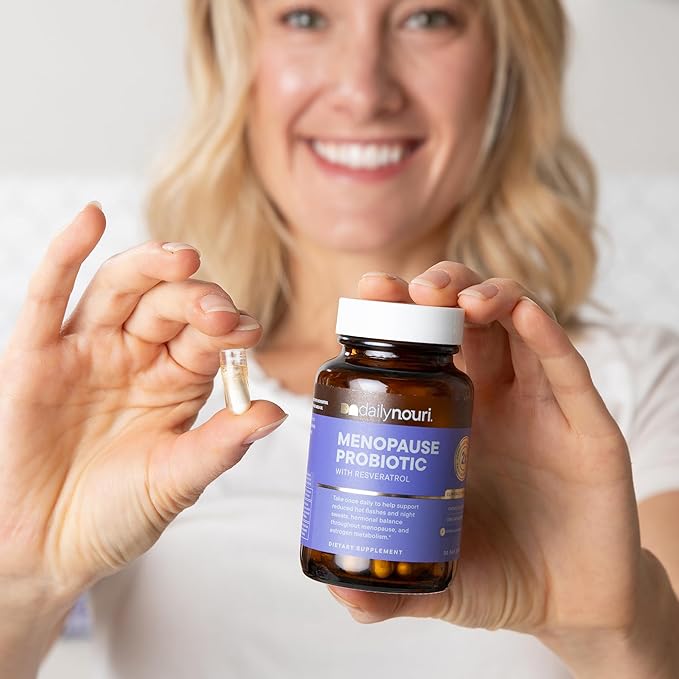 Daily Nouri Menopause Probiotics for Women | Hormonal Balance Hot Flashes Night Sweats &amp Gut Health | 3 Clinically Studied Strains + Resveratrol &amp Omega | 30-Day Supply