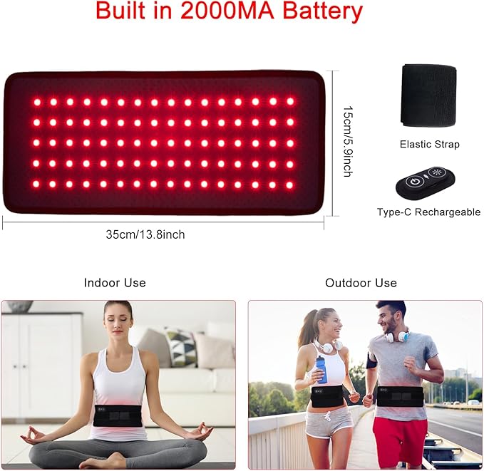 Red Light Therapy Belt for Body 2000mAh Rechargeable Cordless Portable Heating Light Therapy Pad with 660nm &amp 850nm Infrared Light for Back Knee Waist Hand Feet Shoulder Muscle Joint