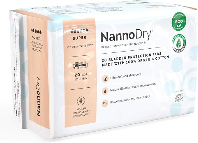Natural Incontinence Pads - Organic Cotton Bladder Leakage Pads - Extra Large Pads for Incontinent Adults - Nannocare Super Dry (20 Count (Pack of 1) - 16 Long