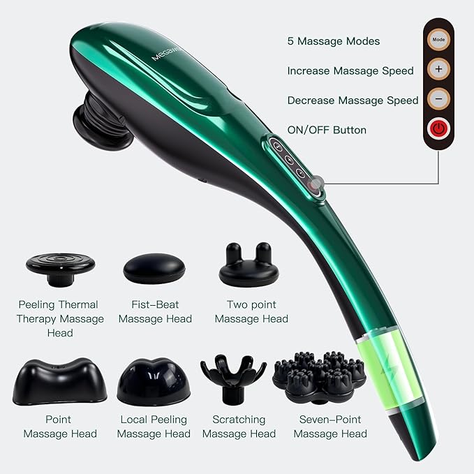 MEGAWISE Handheld Back Massager w/Rechargeable 3200mAh Battery 5 Speed and 5 +2 Massage Nodes with Hard (Dark Green)