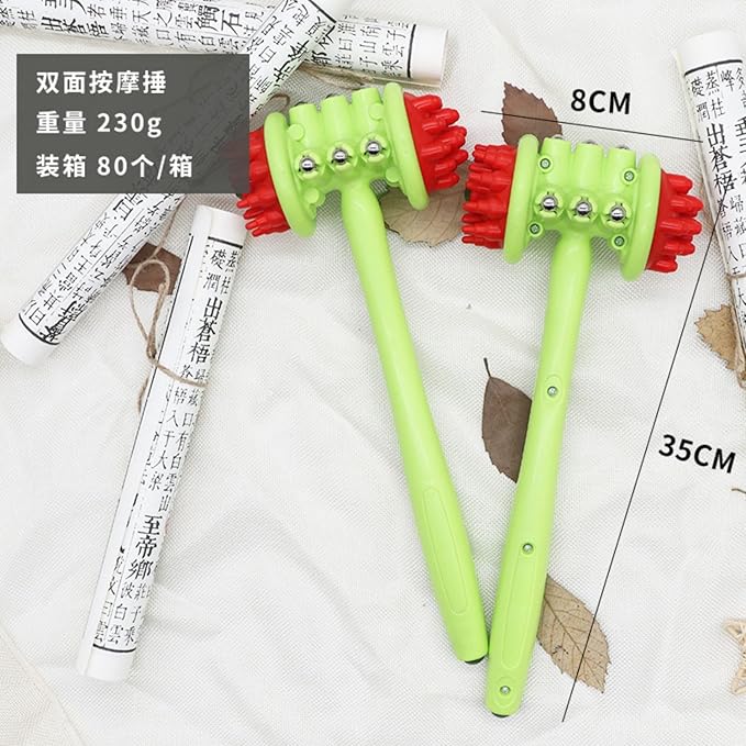 绿色双面大头刺头锤带按摩棒 Leg Arms Back Calves Roller Massage Roller Stick 全身按摩锤 Manual Body Massage Hammer HomeOffice Body Electric Massagers