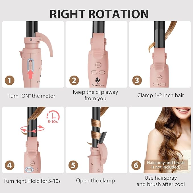 MiroPure Automatic Curling Iron 1 Inch Ionic Hair Curler Self Rotating Curling Wand with Longer Barrel for Waves and Curls Unique Button to Enable/Distable Rotation Get Rid of Accidentally Hit