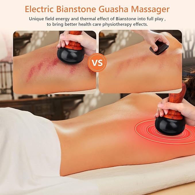 Hot Stone Massager with Temperature Control Electric Body Massager Natural Bian Stone Gua Sha Scraper Home SPA Therapy Pain Relief Brownish Red