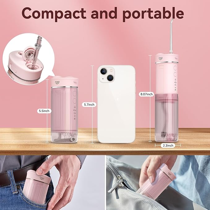 JTF Portable Water Flosser for Travel: Compact Mini Design 3 Modes &amp 8 DIY Pressure Levels for Sensitive Teeth &amp Braces - with 5 Nozzles &amp Removable 230ml Tank Cordless Oral Irrigator fo