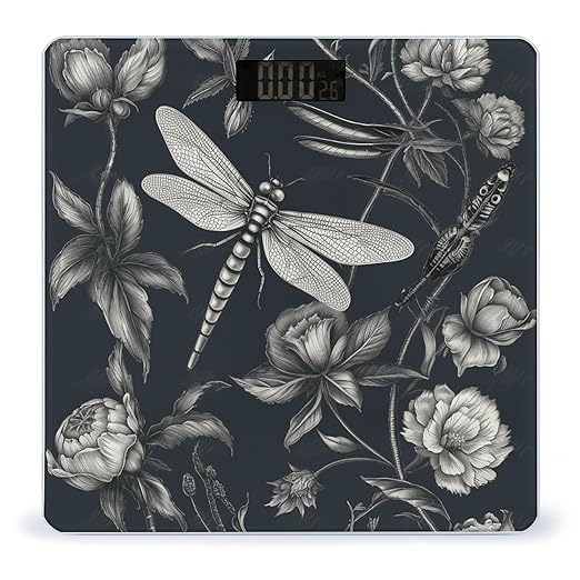 Black Flowers and Dragonfly Weight ScaleClear LED Display Bathroom Digital Weighing ScaleTempered Glass Digital Bathroom Scale for Body Weight Capacity Up to 400 Lbs