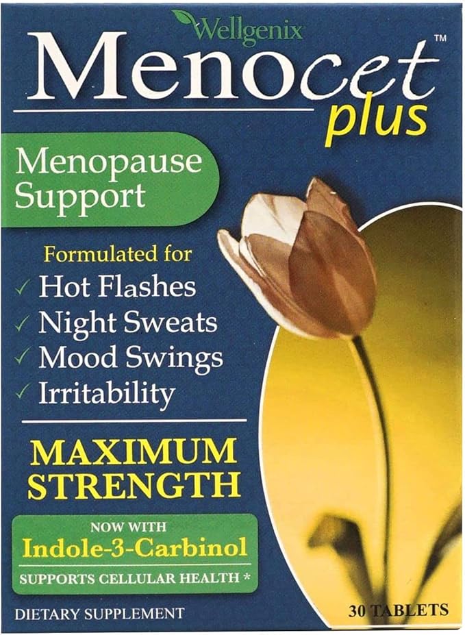 Wellgenix Menocet Plus Menopause Support - Natural Supplement for Women - Daily Relief Feminine Care - Helps with Hot Flashes Night Sweats Mood Swings &amp Irritability - 30 Tablets