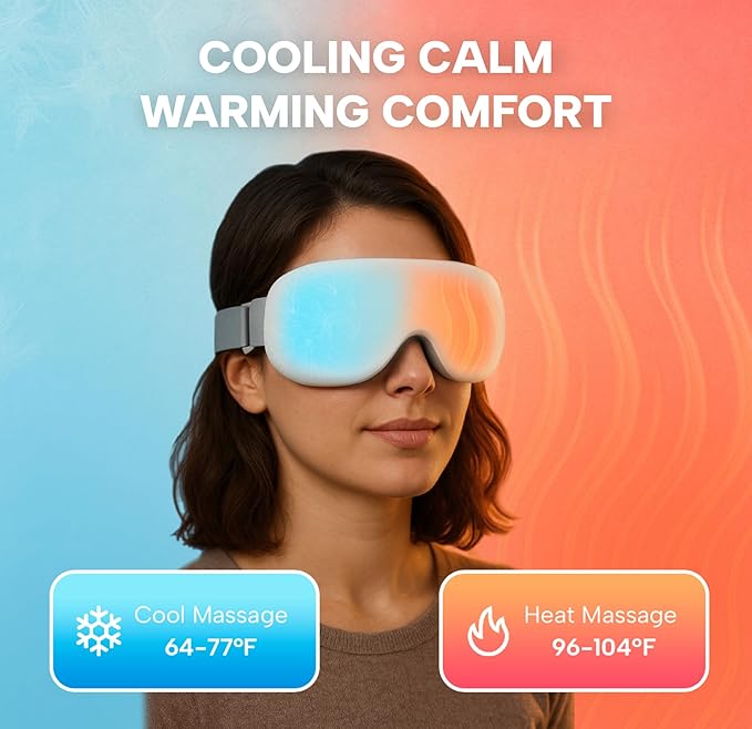 Eye Massager with Heat &amp Cooling | 12 Precision Massage Nodes | Bluetooth Music | 4 Massage Modes | 2400mAh Battery | Relaxation for Eye Strain Dry Eyes Stress &amp Headaches