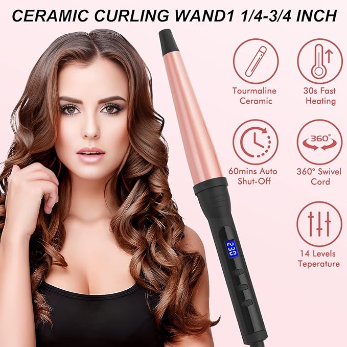Professional Ceramic Tapered Curling Wand - 1/2 to 1 Inch Hair Curler with LCD Display &amp 14 Heat Settings for All Types(0.75-1.25 Inch)