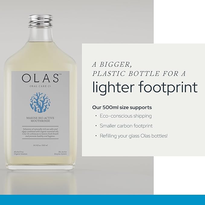 Olas Alcohol Free Mouthwash &amp Oral Rinse - Marine Bio-Active Mouth Rinse With Essential Oils &amp Antioxidants for a Healthy Oral Microbiome - Fluoride Free Natural Mouthwash (500 ml)