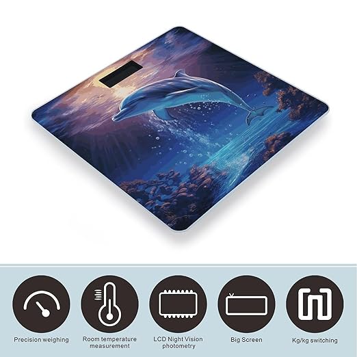 Ocean Dolphin Scale for Body Weight Anti-Slip Digital Bathroom Scale Sturdy Toughened Glass Weighing Scales High Precision Safe Rounded Corners Smart Scales