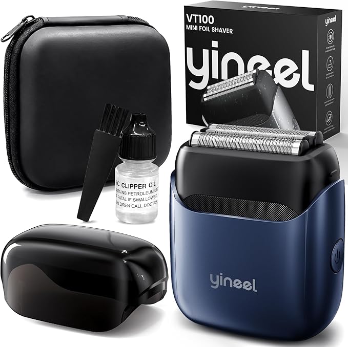 Yineel VT100 Electric Foil Shavers for Men Pocket-Sized with Case Mini Electric Razor for Close Face Shaver 3 Floating Blades IPX7 Waterproof &amp Travel-Friendly/Home Use Gifts for Men Blue