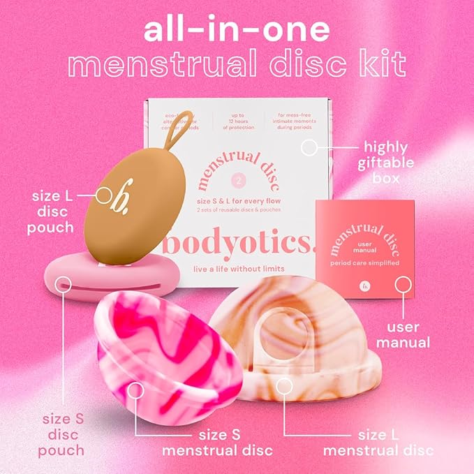 Bodyotics Reusable Menstrual Disc - Wear Up to 12-Hours - Alternative to Menstrual Cups Tampons and Pads for Light or Heavy Flows Leak Proof - Small &amp Large Sizes (Pink and Beige)