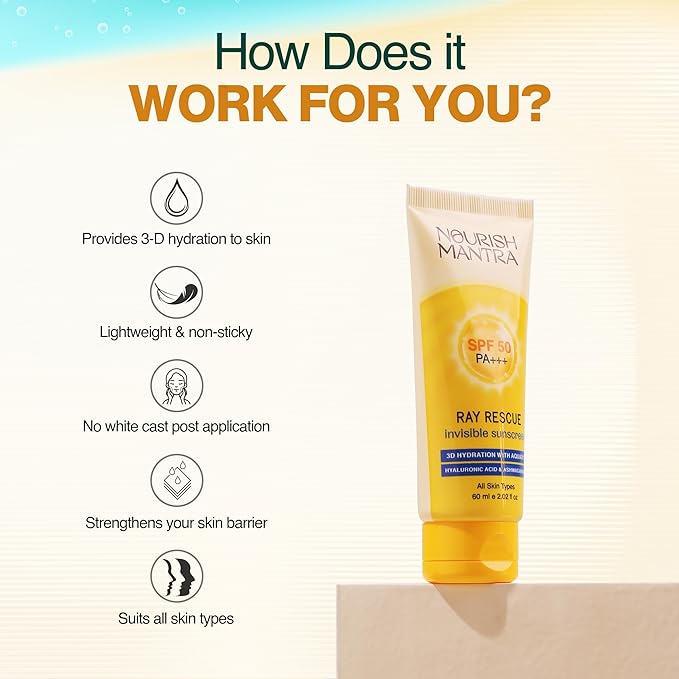 NOURISH MANTRA Ray Rescue Sunscreen/Sunscreen SPF 50/ With Hyaluronic Acid Aquaxyl Aloe Vera Extracts &amp Ashwagandha Extracts/No White Cast (60 ml (Pack of 1))