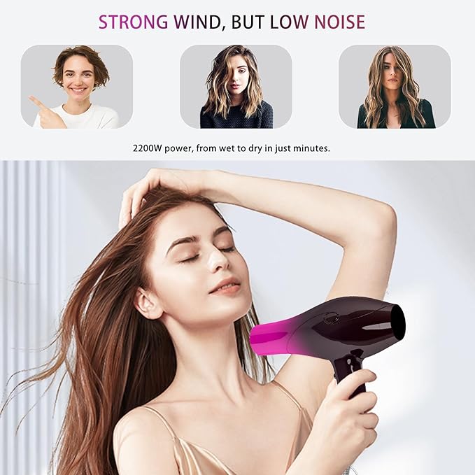 Ionic Hair Dryer2400W Negative Ion Low Noise Hair Dryer Professional Fast Drying Hair Dryers with 2 Speeds 3 Heat Settings Cooling Buttonwith Diffuser for Curly and Straight Hair（Crimson Fade）