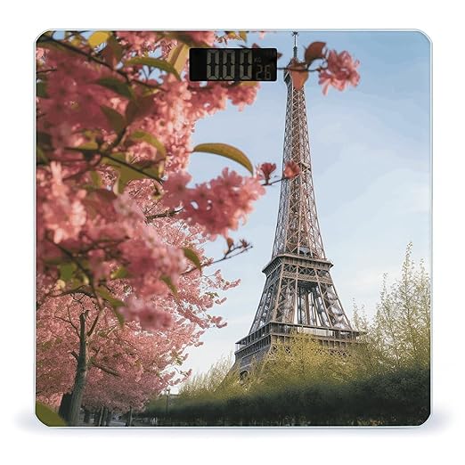 Paris Eiffel Tower Flower Scale for Body Weight Anti-Slip Tempered Glass Digital Bathroom Scales Clear LCD Display Weighing Scale Safe Rounded Corners Smart Scales