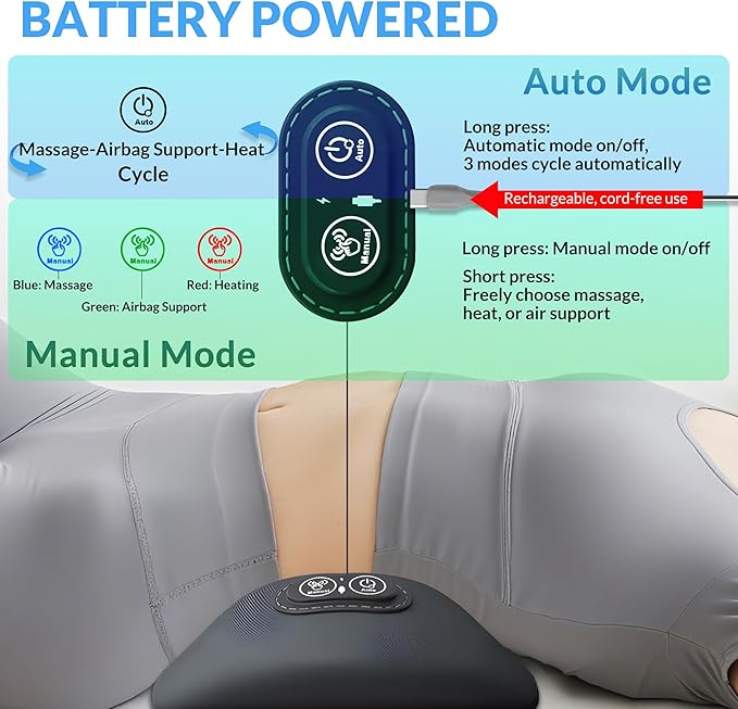 Rechargeable 3 in 1 Back Massager Electric Lumbar Support Pillow Heat Vibration Massage Lower Back