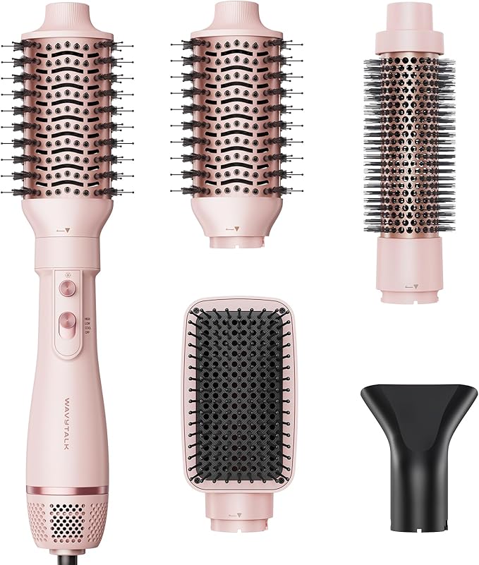Wavytalk Hair Dryer Brush Set Air Sculpt 4-in-1 Hot Air Brush Set Multi Hair Styler for Salon Blowouts Smooth Curls Volumizing and Straightening Sleek and Less Frizz Pink