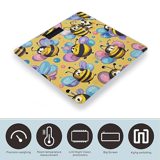 Cartoon Bee Pattern Scale for Body Weight Sturdy Tempered Glass Weighing Scales with LCD Display Accurate Digital Bathroom Scale Convenient Body Fat Smart Scales Easy Read