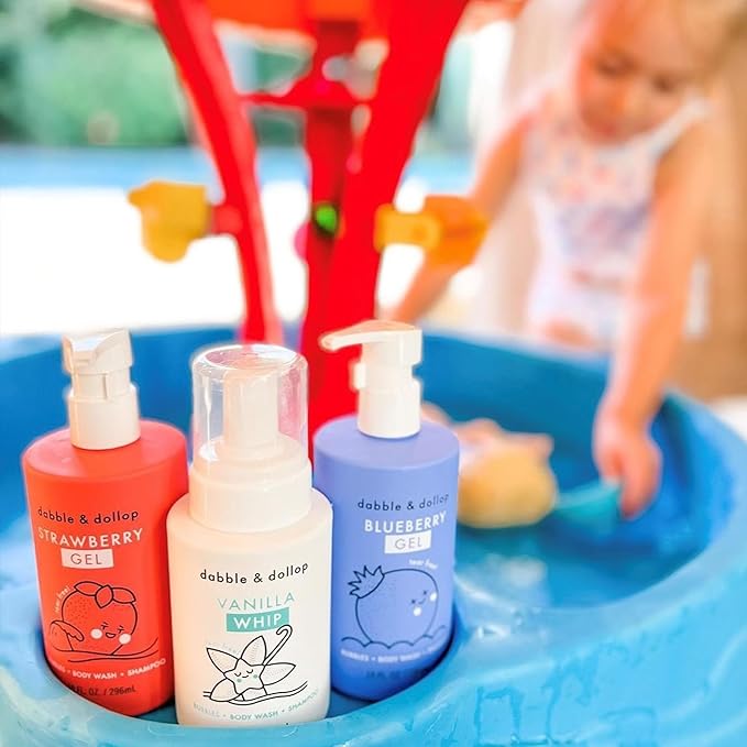 Dabble &amp Dollop USA Bundle 3-in-1 Natural Bubble Bath Body Wash &amp Shampoo for Kids Paraben &amp Sulfate Free Vegan Tear-Free Strawberry Vanilla &amp Blueberry (Set of 3)