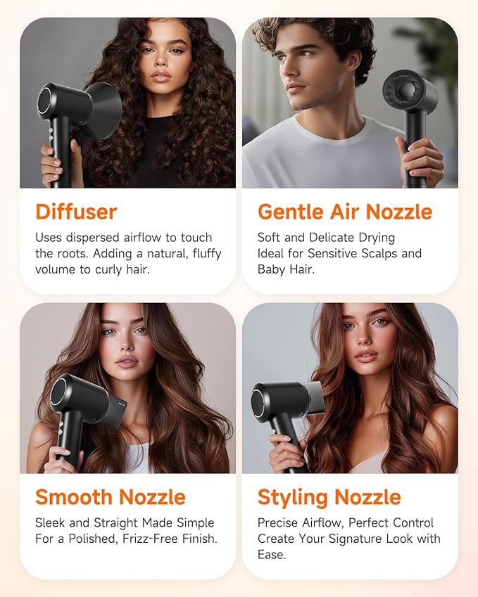 Hair Dryer with Comb &amp Diffuser Attachment for Curly Hair PLUZZ 200M Negative Ionic Blow Dryer Brush High-Speed Brushless Motor Hairdryer Fast Portable Travel Hair Dryers Quiet Women/Men/Kids