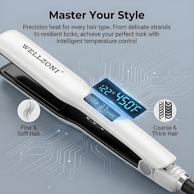 2 in 1 Hair Straightener - 15s Fast Heating Flat Iron 1.4 Wide Plate 37 Temp Settings 122-450°F Dual Voltage Curler for All Hair Types with Auto Shut-Off