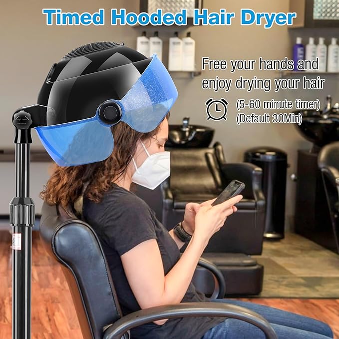 Hooded Hair Dryer 1500W Standing Hair Dryer with Time Settings Touch Controls and 3 Temperature Modes Height Adjustable Ionic Hooded Dryer Professional Hooded Dryer for Home or Salon Use