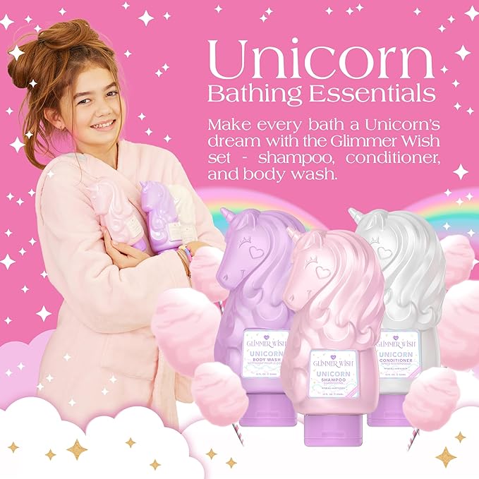 Glimmer Wish Premium Unicorn Shampoo + Conditioner + Body Wash Vanilla Cotton Candy Scent Dermatologist Tested Sulfate &amp Sulfite Free Paraben Free PEG &amp EDTA Free 100% Vegan Cruelty &am