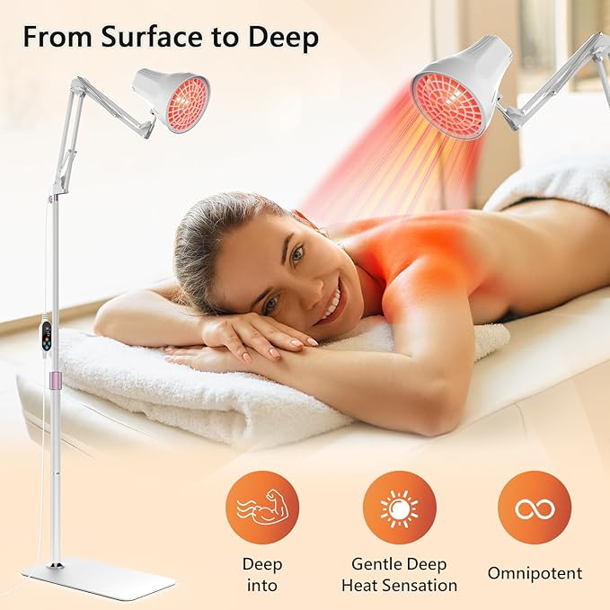 Home Infrared Heating Lamp for Body 150W High Power Infrared Lamp Red Light 660nm and Infrared Light 810-1000nm Adjustable Angle &amp 3 Brightness Adjustment &amp 10-90 Minute Timer for Home &amp