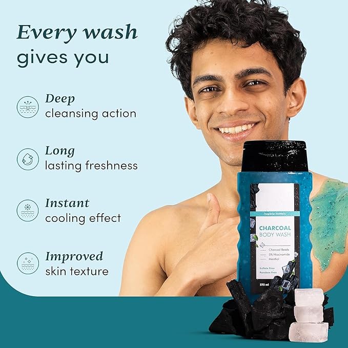 JB 3 in 1 Action Charcoal &amp Menthol Body Wash | With Menthol 5% Niacinamide &amp Activated Charcoal Beads | For Instant Cooling Odor Protection &amp Improves Skin texture | 250ml