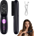 Cordless Hair Straightener Brush - Mini Portable Fast Heating Hair Straightener for Travel -USB Rechargeable Ceramic Straightening Comb with LED Display -3 Adjustable Heat Settings for Short/Long Hair