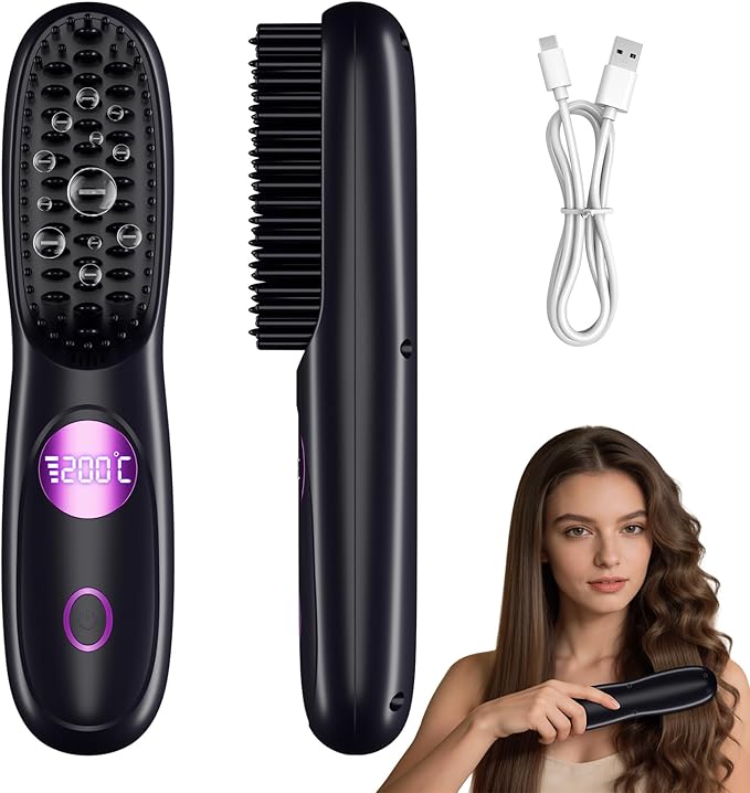 Cordless Hair Straightener Brush - Mini Portable Fast Heating Hair Straightener for Travel -USB Rechargeable Ceramic Straightening Comb with LED Display -3 Adjustable Heat Settings for Short/Long Hair