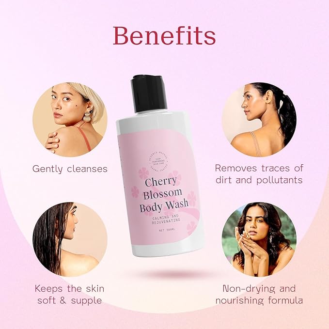 MZ nourishing Body Wash with Cherry Blossom Fragrance - Daily Calming Body Wash for Men &amp Women - Gently Cleanses - Natural Vegan &amp Cruelty-Fre - (300ml)