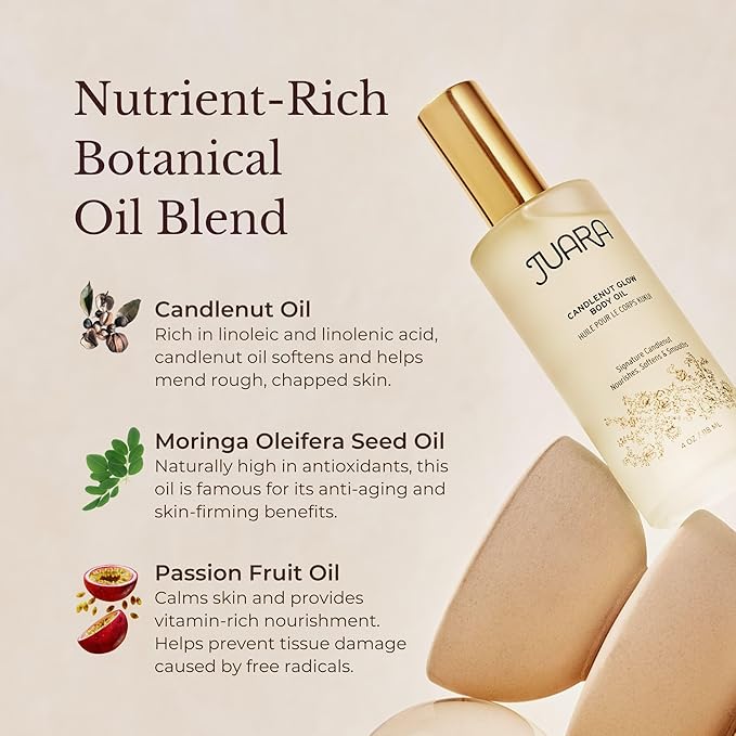 Juara Candlenut Glow Body Oil - Lightweight Dry Oil with Coconut &amp Moringa - Hydrating Body Moisturizer for Dewy Luminous Skin - Fast Absorbing Non-Greasy Formula - Natural Botanical Blend