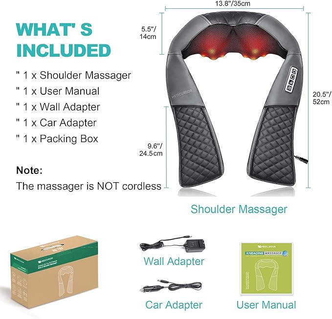 Medcursor Neck Massager Portable Electric Shiatsu Back Massage Device with Heat Deep Tissue 3D Kneading Pillow for Muscle Pain Relief (No Battery)