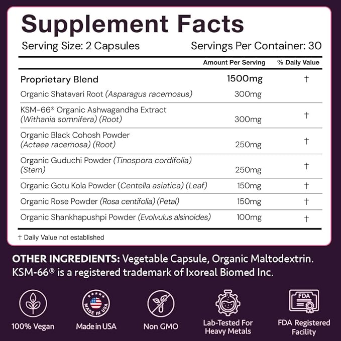 Menopause Supplements for 45+ Women | Hot Flash Night Sweat &amp Mood Swing Relief | Ayurvedic Herbal Blend with Shatavari Ashwagandha Black Cohosh | Eases Dryness &amp Boosts Libido | 60 Capsule