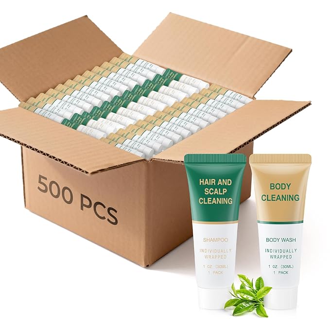 Shampoo and Body Wash BulkTravel Size Individually Wrapped Hotel Mini Shower Gel and Shampoo Small Cleansing Toiletries Amenities Men Women for Hotel/Vacation/Homeless 1 Fl Oz (Pack of 500)