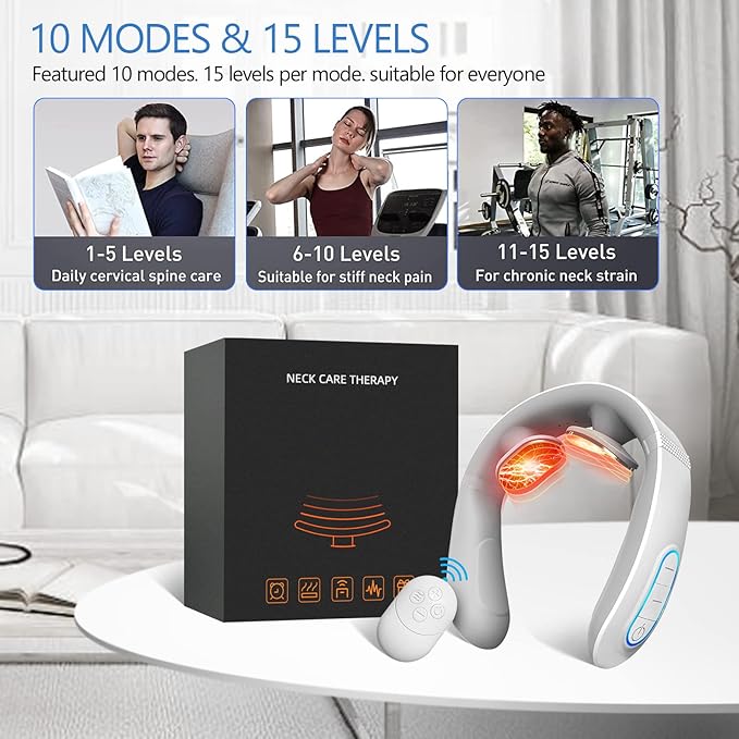Electric Pulse Neck Massager with Heat for Pain Relief 10 Modes 15 Intensities Therapy Deep Tissue Trigger Point Intelligent Massager Cordless Gifts for Men Women