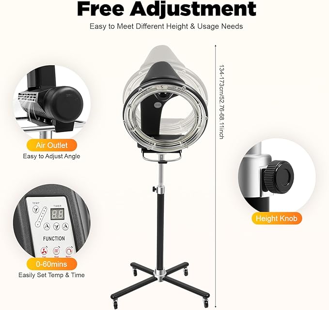 Standing Hair Dryer Professional Hair Processor Height Adjustable Hair Dryer with Wheelsfor Salon Beauty Barber Shop 1000W 110V