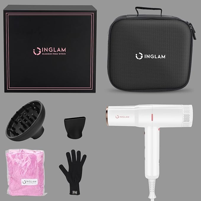 Hair Blow Dryer with Diffuser IG INGLAM Professional High Speed Brushless Motor Negative Ion Low Noise Constant Temperature 3 Heat Settings 3 Speeds and Cool Shot Brutton Powerful Ionic Hair Dryer